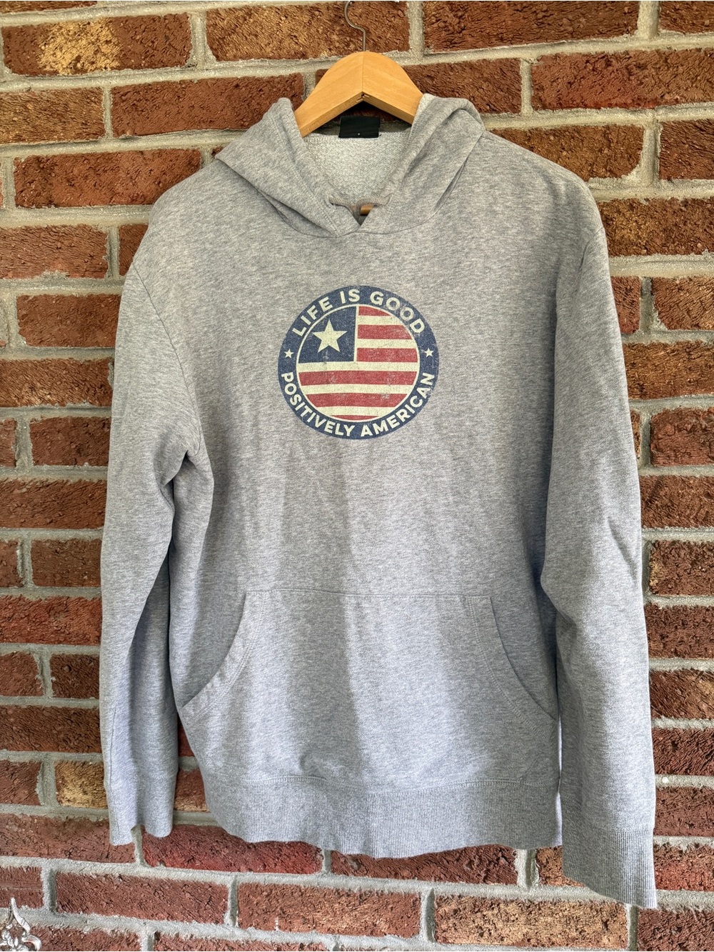 life is good hoodie. ladies large. positively american. soft.